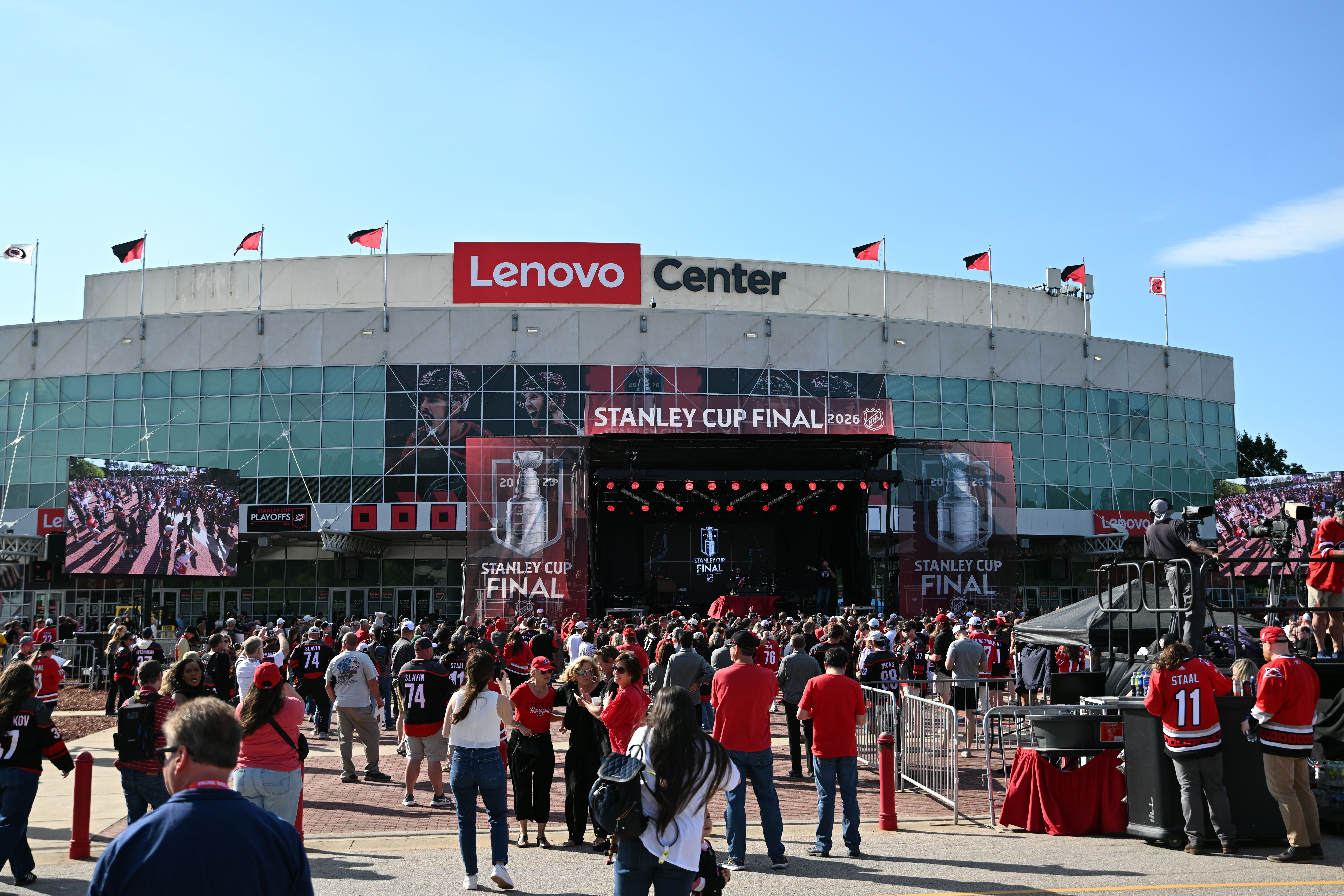 A general view of the South Plaza Party outside of the Lenovo Center prior to game one of the NHL Stanley Cup Final between the Vegas Golden Knights and the Carolina Hurricanes.