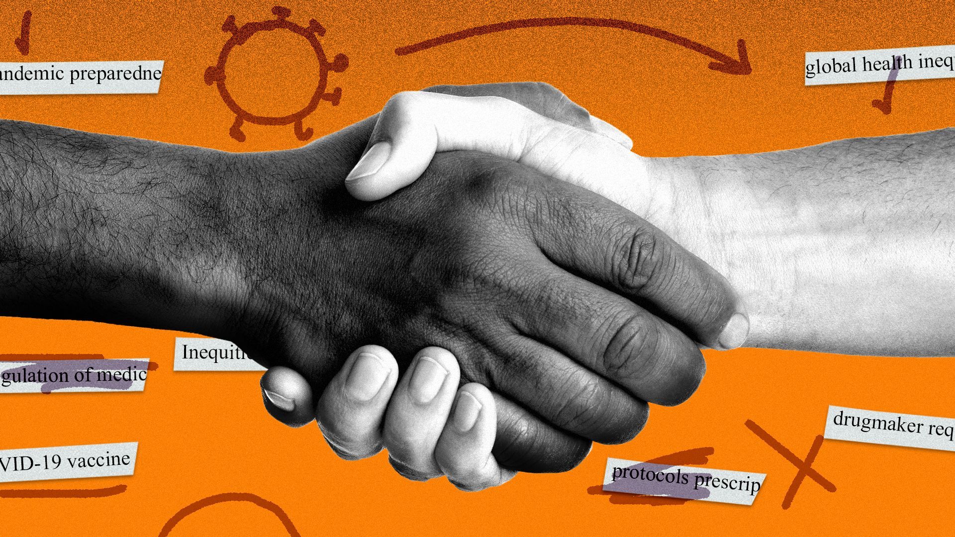 Illustration of two hands shaking in front up cut up words and drawn draft edits.