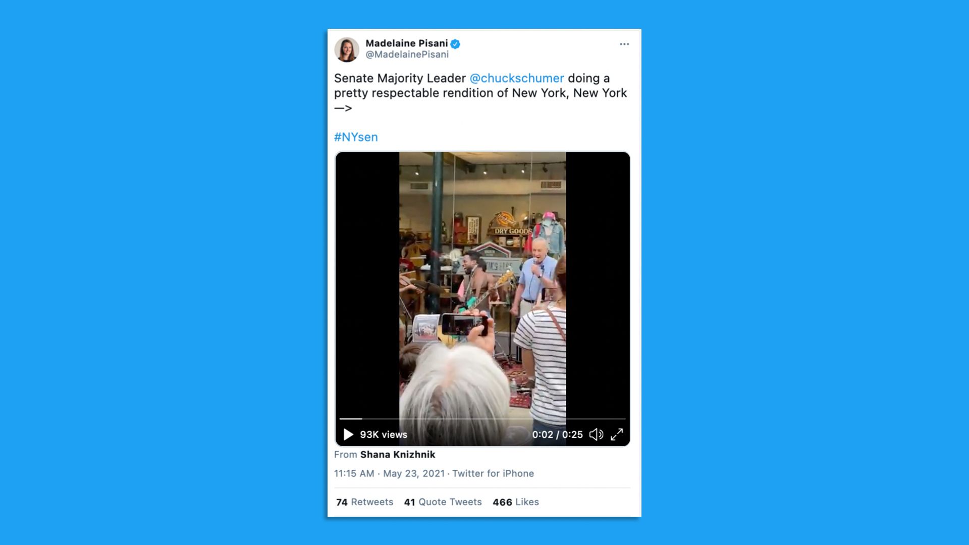 A screenshot is seen of Senate Majority Leader Mitch McConnell singing "New York, New York."