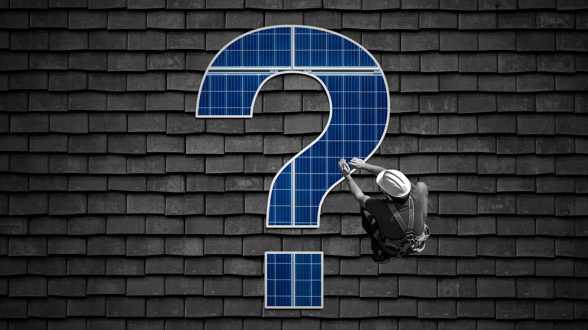 Illustration of a worker installing a solar panel in the shape of a question mark on a roof. 