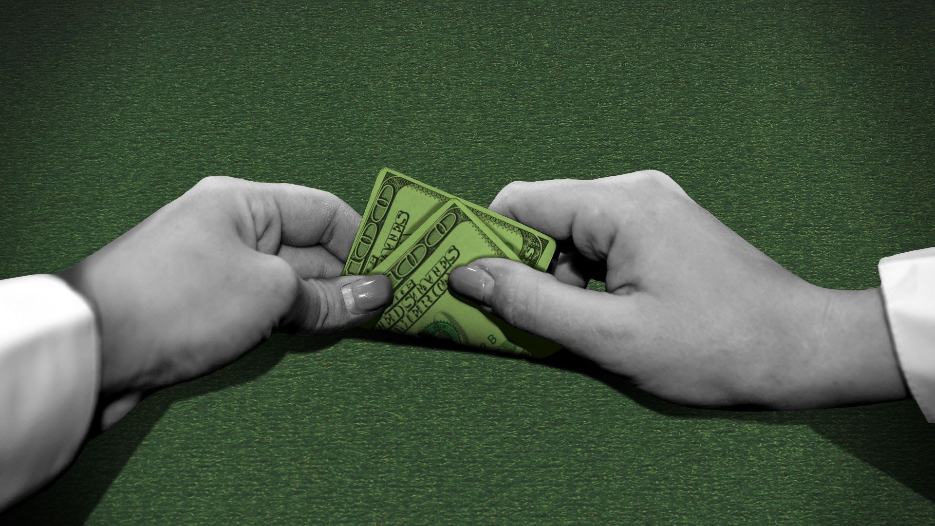 Illustration of a pair of hands holding money like a deck of cards