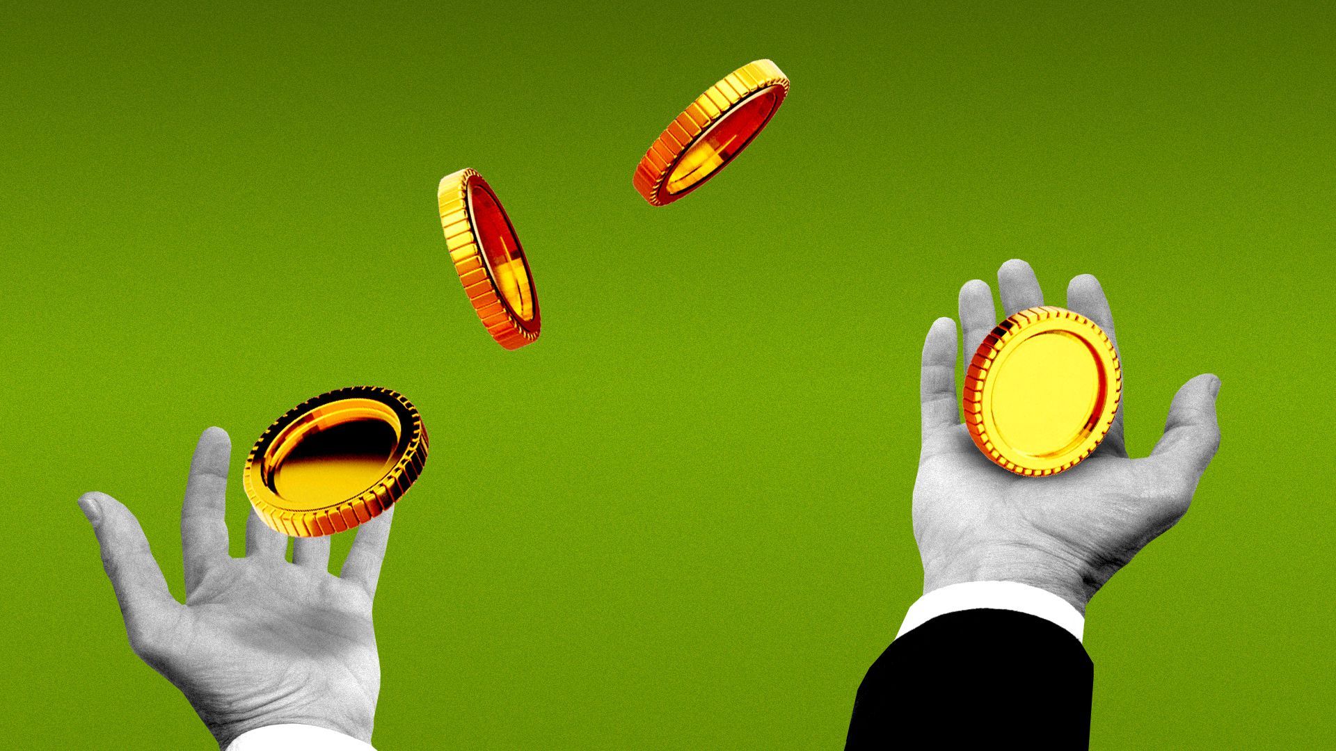 Illustration of two hands juggling large golden coins