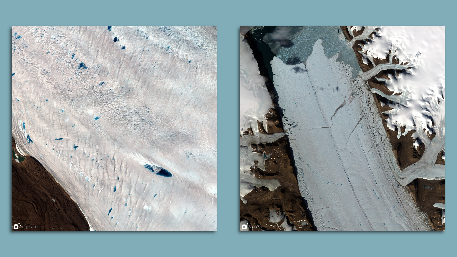 Satellite image of a glacier with bright blue melt ponds.
