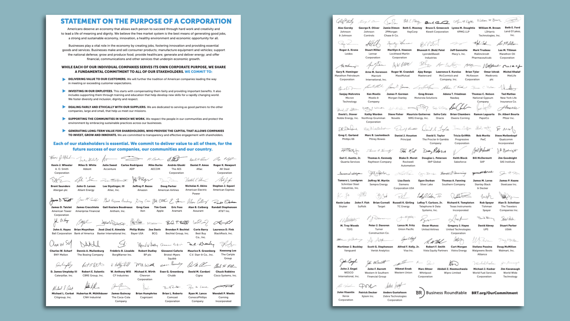 The Business Roundtable statement on an updated statement about the purpose of a corporation, released five years ago.