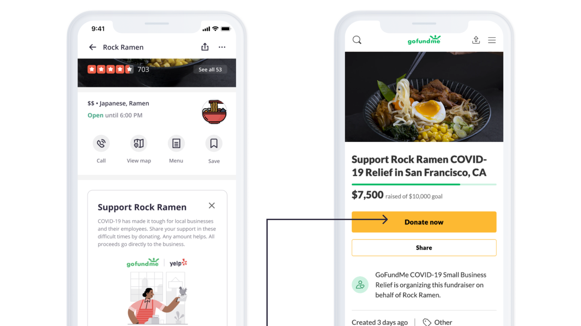 An image of Yelp's donation button in partnership with GoFundMe