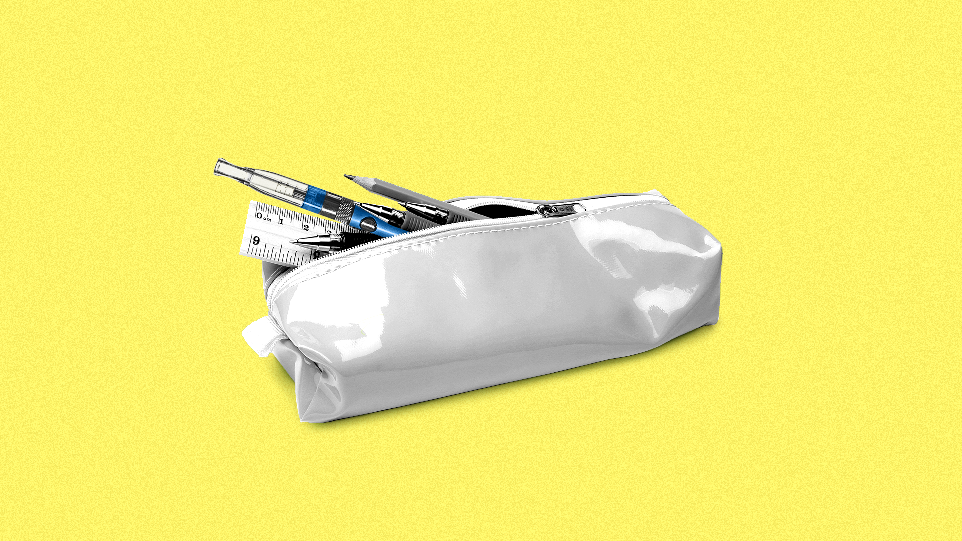 Illustration of a pencil case with pens, a ruler, and an e-cig coming out. 