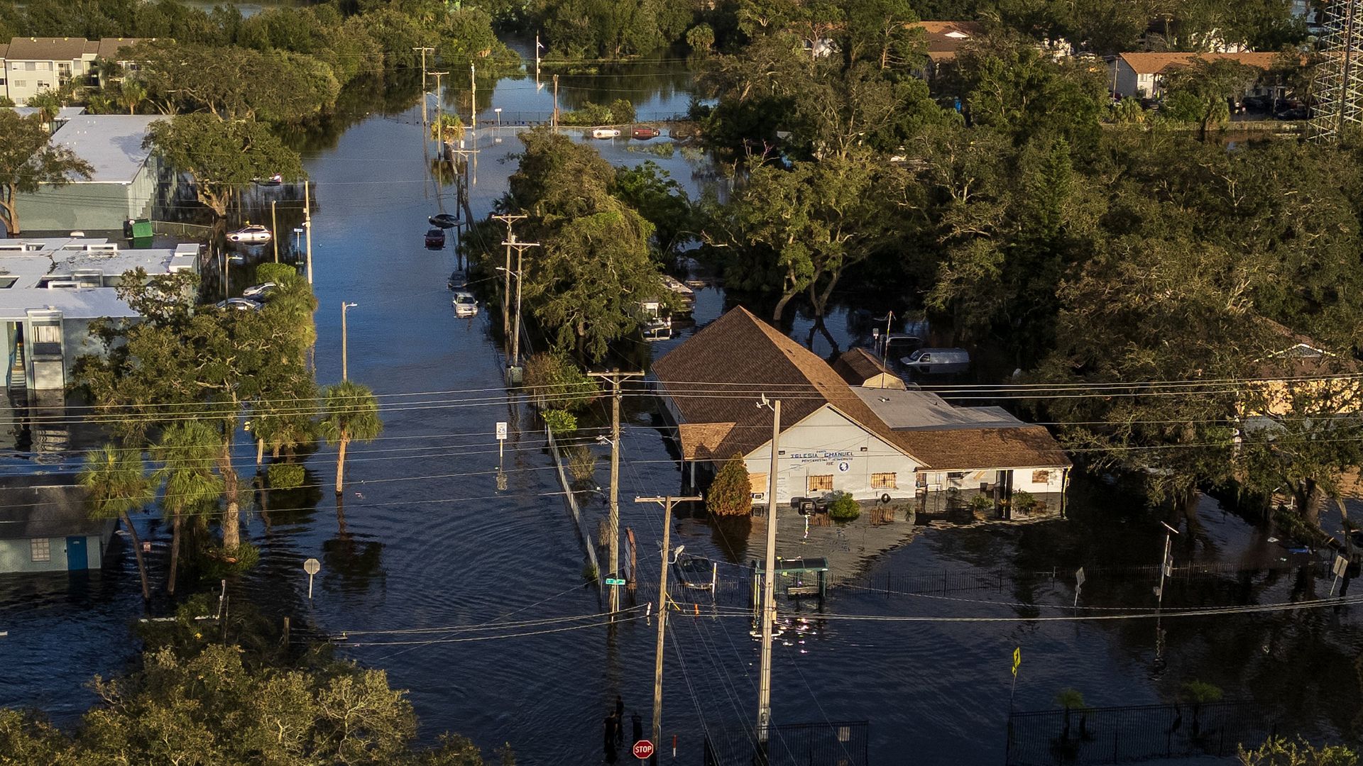 An aerial view of a neighborhood in North Tampa that Hurricane Milton flooded.