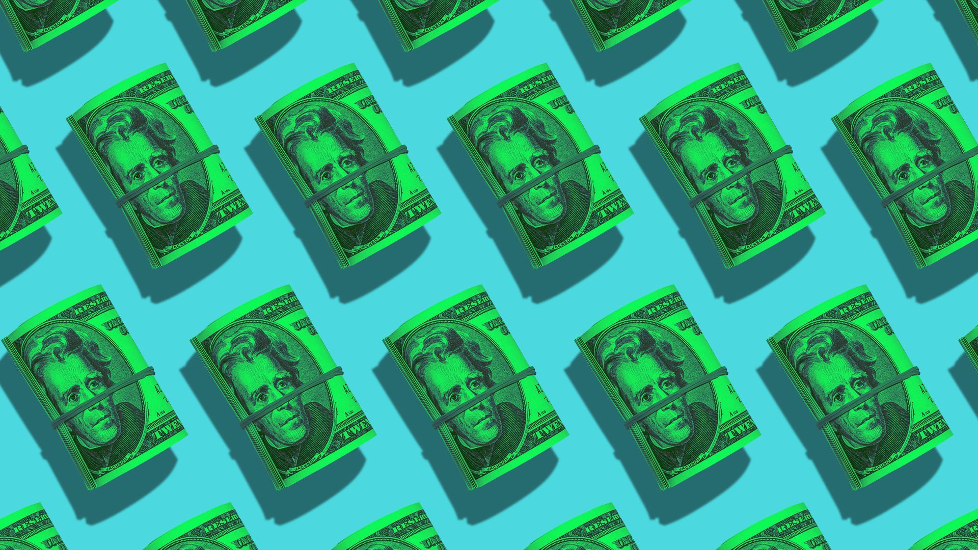 Illustration of a pattern of rolled up twenty dollar bills.