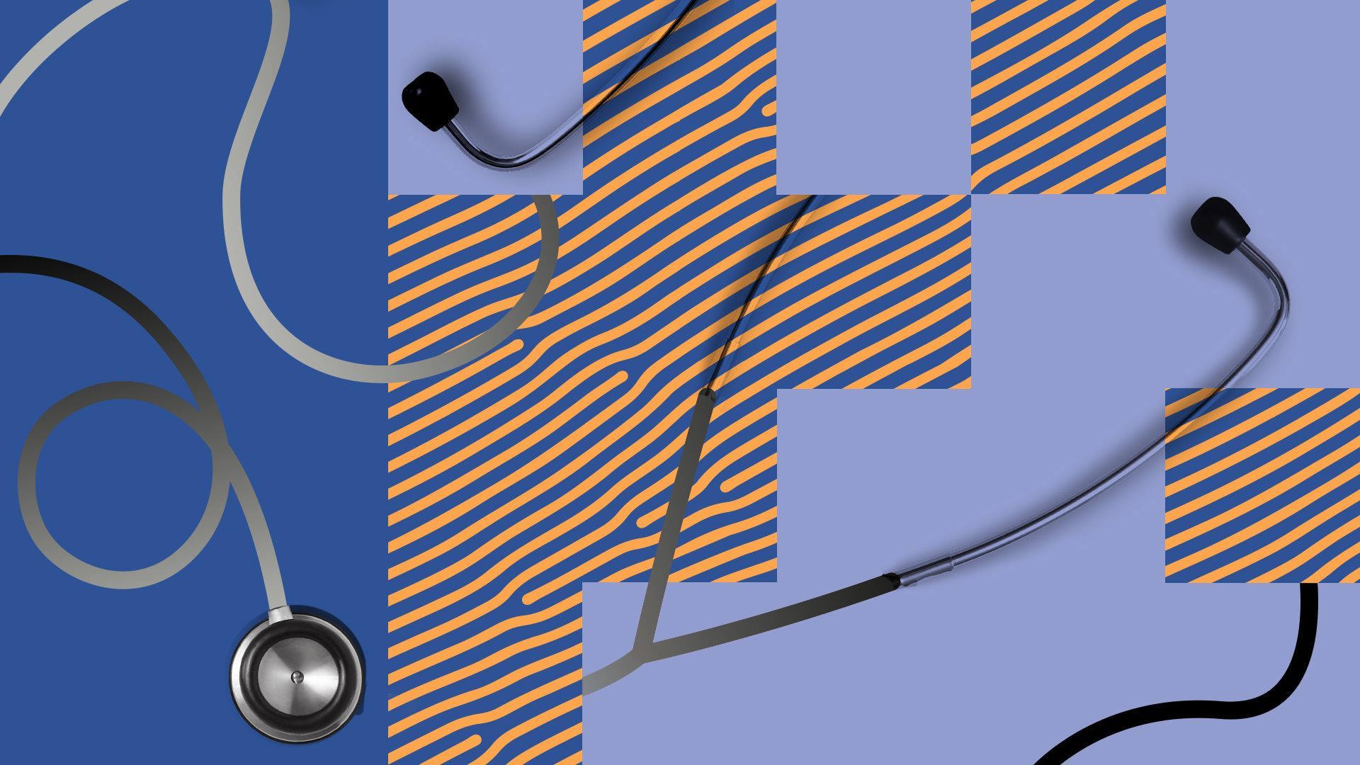 Illustration of a stethoscope cut up in a grid, fading in and out of an abstract bacteria pattern. 