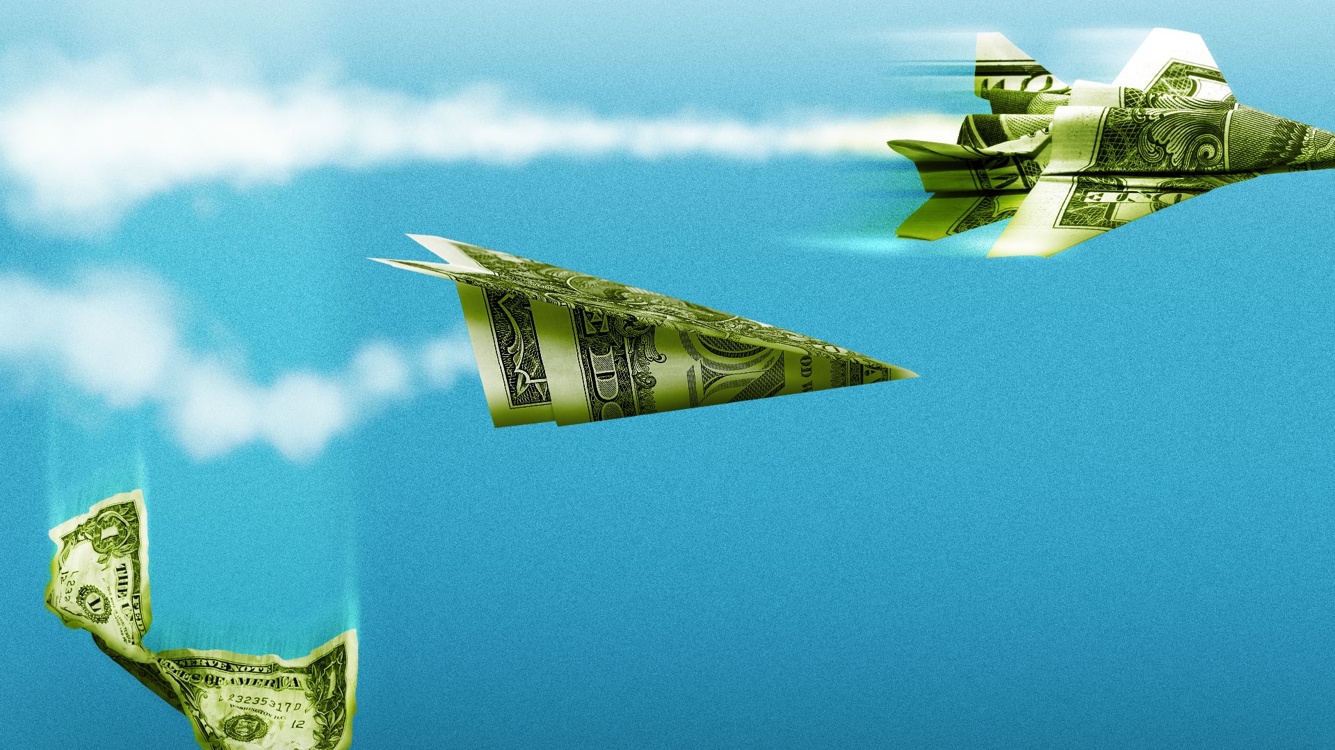 Illustration of jet-plane like paper airplane, a regular paper airplane, and a crumpled dollar bill falling from the sky 