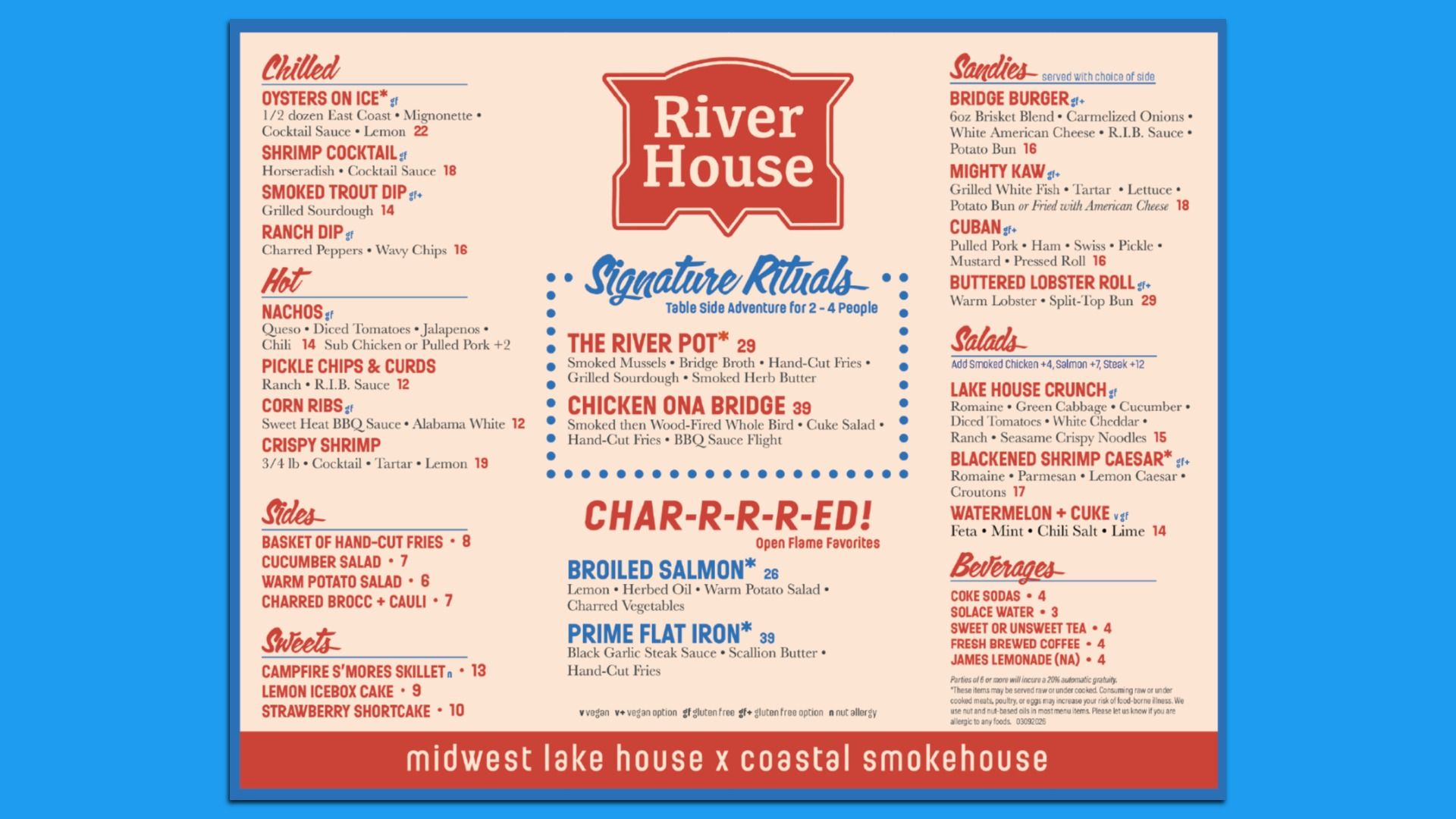 Peach River House menu poster framed on blue wall; red logo center, blue text, dotted border around signature dishes; left/right columns show starters, mains, sides; red bottom banner.