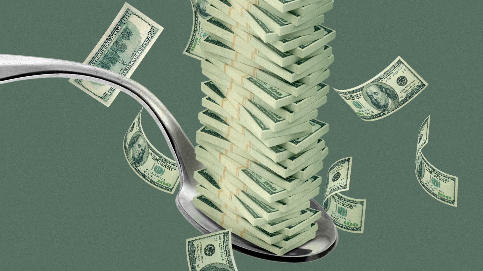 Illustration of a spoon bending under the weight of the money it's holding.