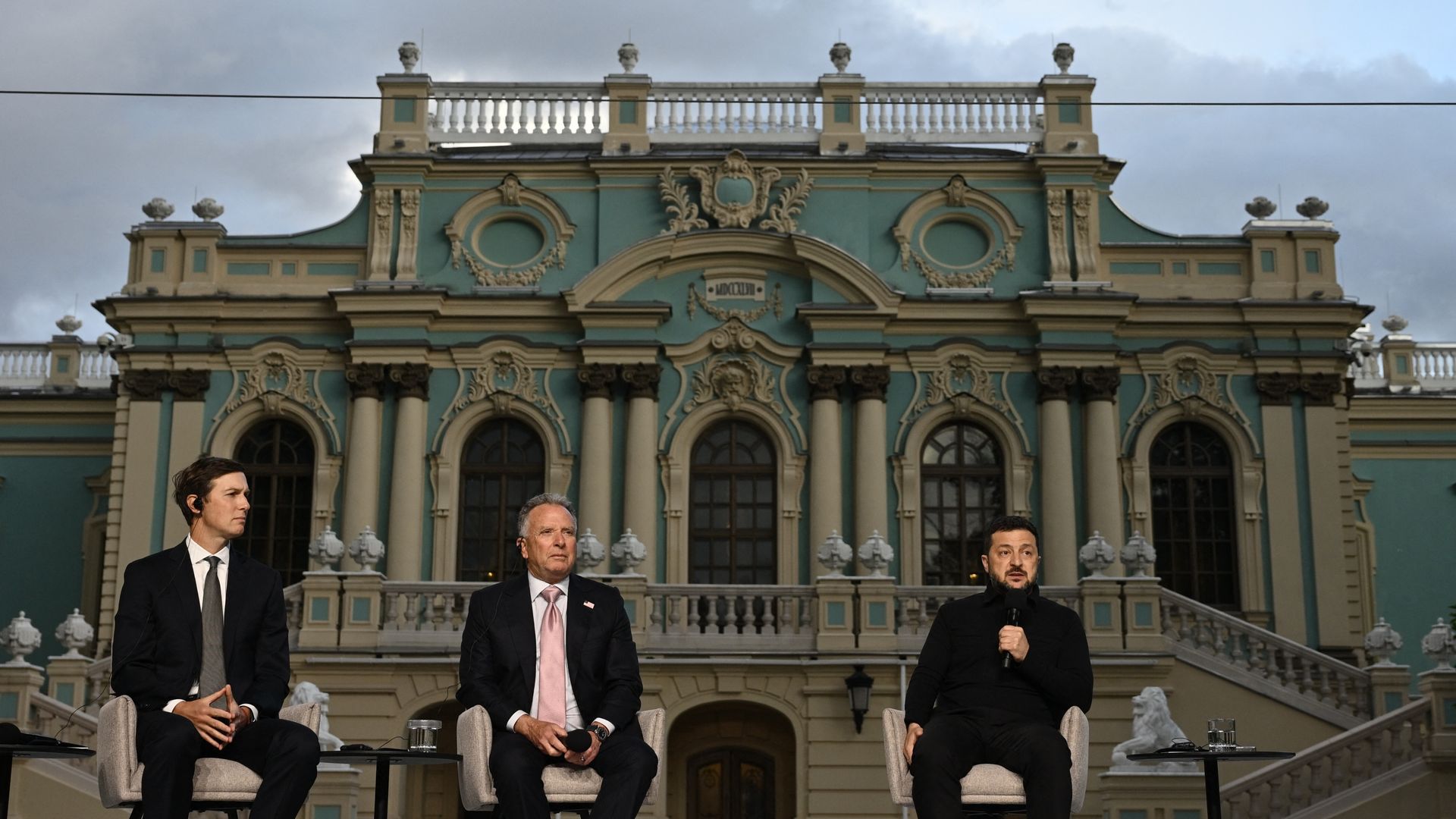 U.S. envoys Jared Kushner and Steve Witkoff appear with Ukrainian President Volodymyr Zelensky at a joint press conference following their talks in Kyiv Sunday.