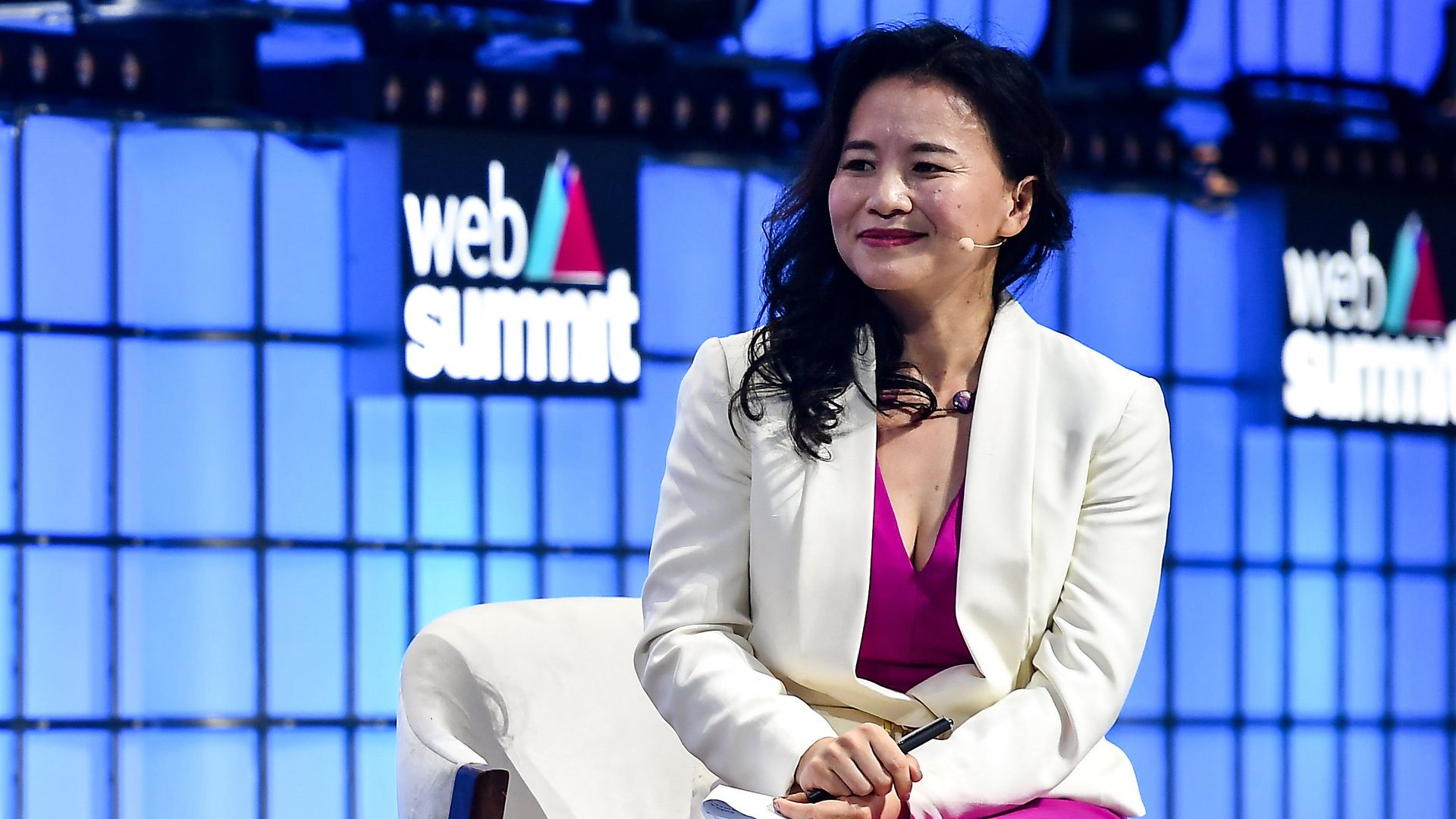 Cheng Lei, Anchor, CGTN Europe, on Centre Stage during the opening day of Web Summit 2019 at the Altice Arena in Lisbon, Portugal.