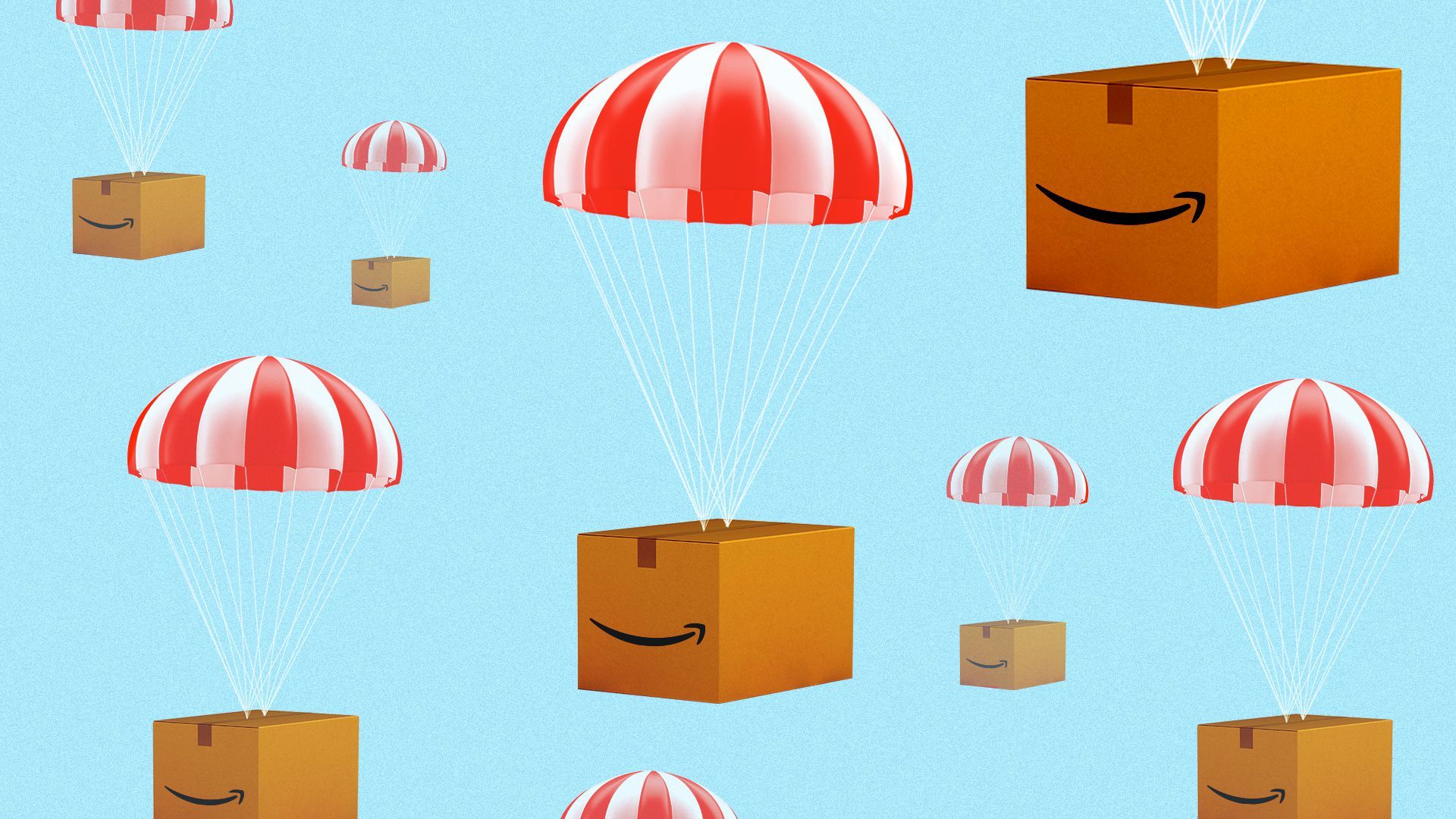 Illustration of dozens of Amazon packages parachuting from the sky.