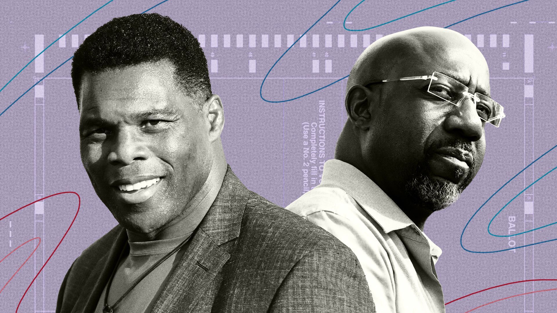Photo illustration collage of Herschel Walker and Raphael Warnock. 