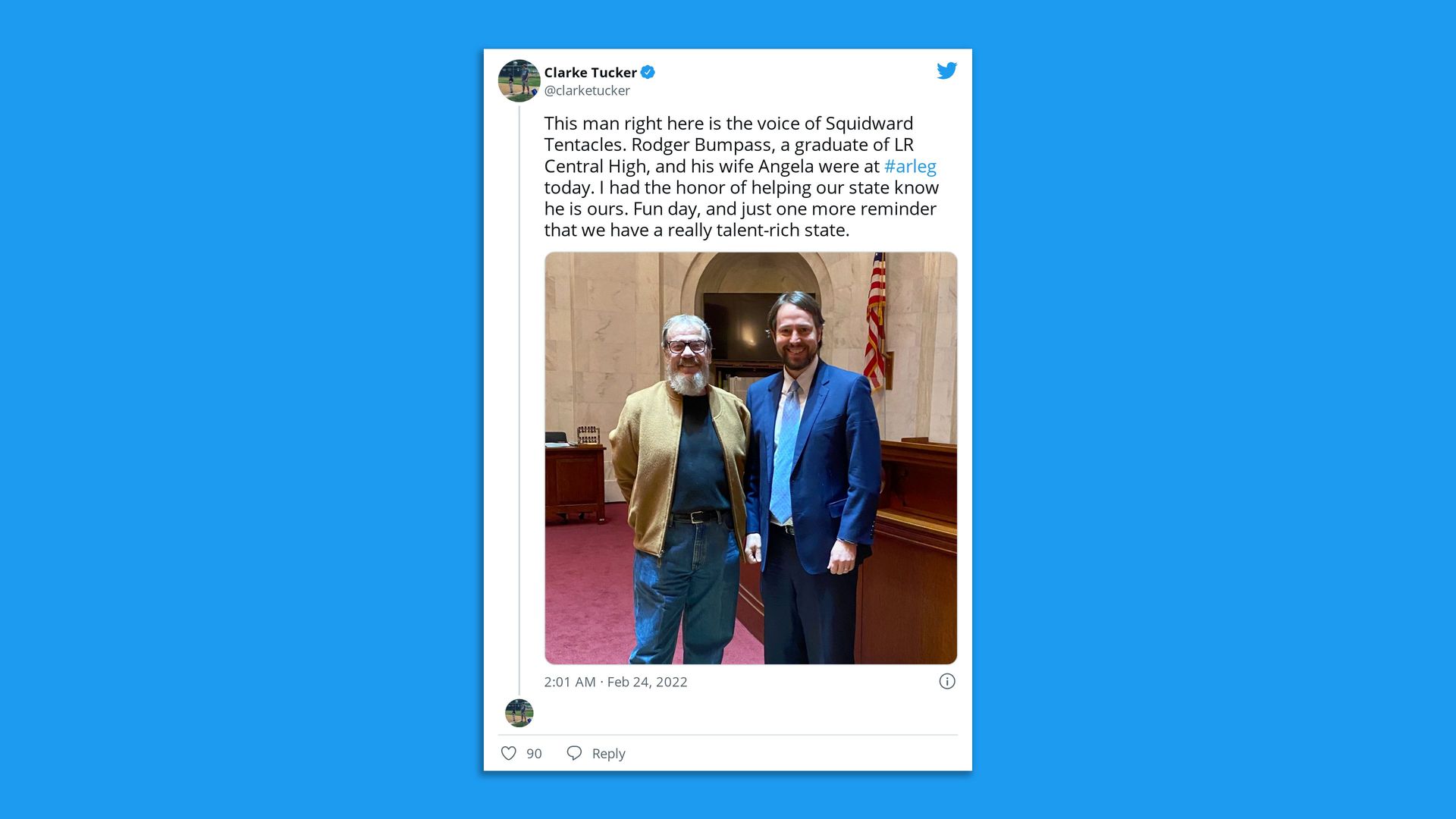 Screenshot of a tweet from Ark. Sen. Clarke Tucker with Rodger Bumpass, the voice of Squidward Tentacles.
