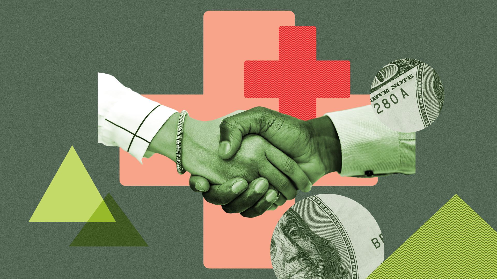 Illustration of a handshake with shapes and zoomed in photos of dollar bills. 