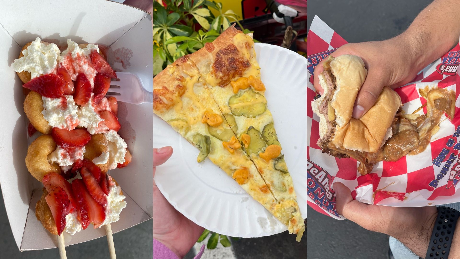 Three photos side-by-side. The right photo shows fried dough topped with whipped cream and strawberries. The second is two slices of pizza topped with pickles and Goldfish crackers. The third is a burger with a brown gravy-like substance using out onto white-and-red checkered paper.