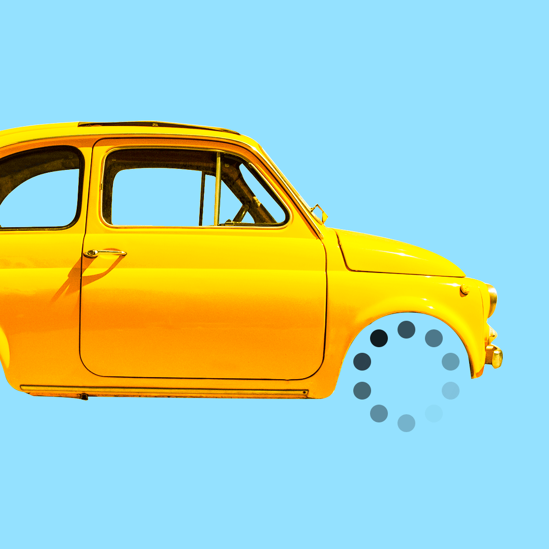 Illustration of a car with loading symbols instead of wheels