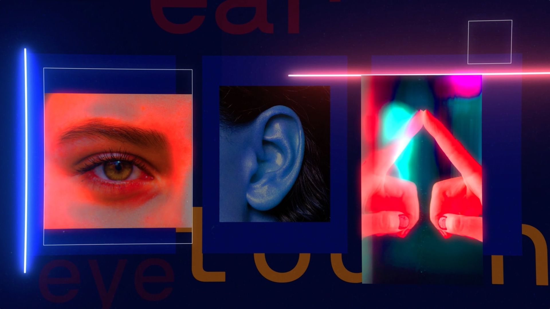 A high-tech image of an eye, an ear and fingers touching each other to represent the metaverse