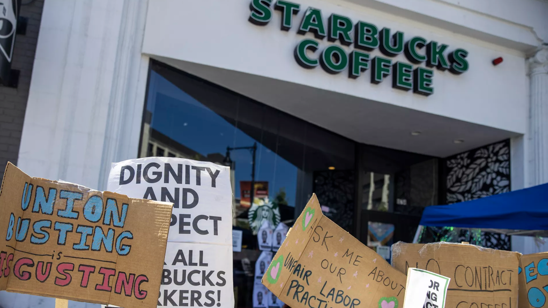 Demonstrators and supporters picket outside of Starbucks Coffee to demand better working conditions and unionization on Aug. 12 in Brookline, Massachusetts. 