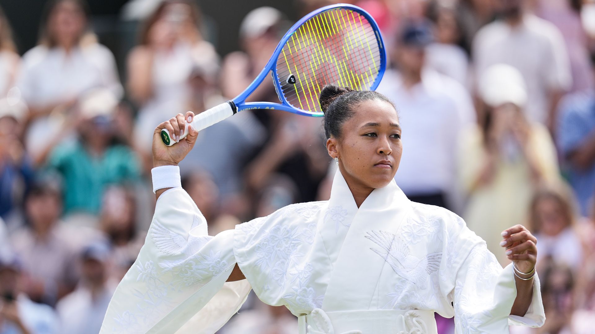 Naomi Osaka of Japan warms up before her Ladies Singles first round match against Elsa Jacquemot of France on day one of The Championships Wimbledon 2026 at All England Lawn Tennis and Croquet Club on June 29, 2026 in London, England. (Photo by Shi Tang/Getty Images)