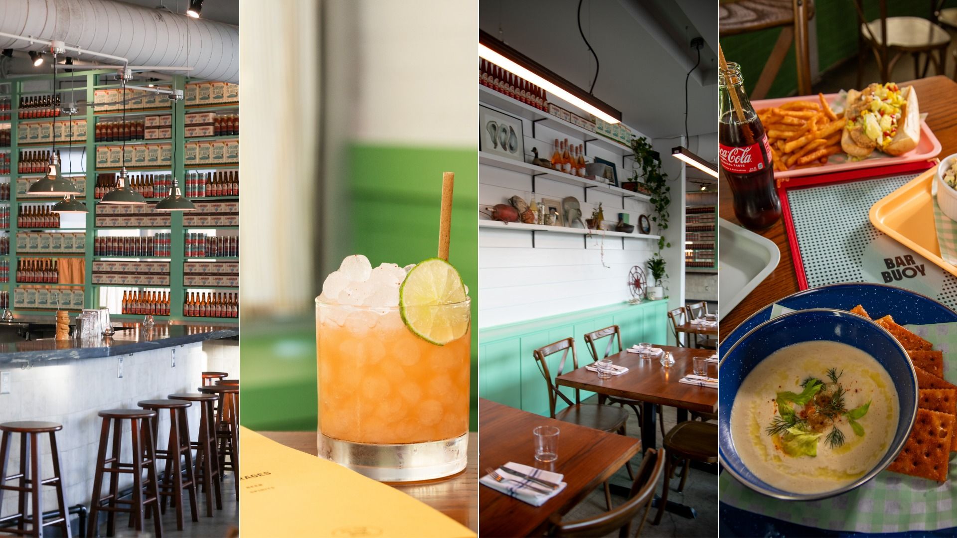 a series of pics showing a bright and fun bar, an orange cocktail and soup and a lobster roll