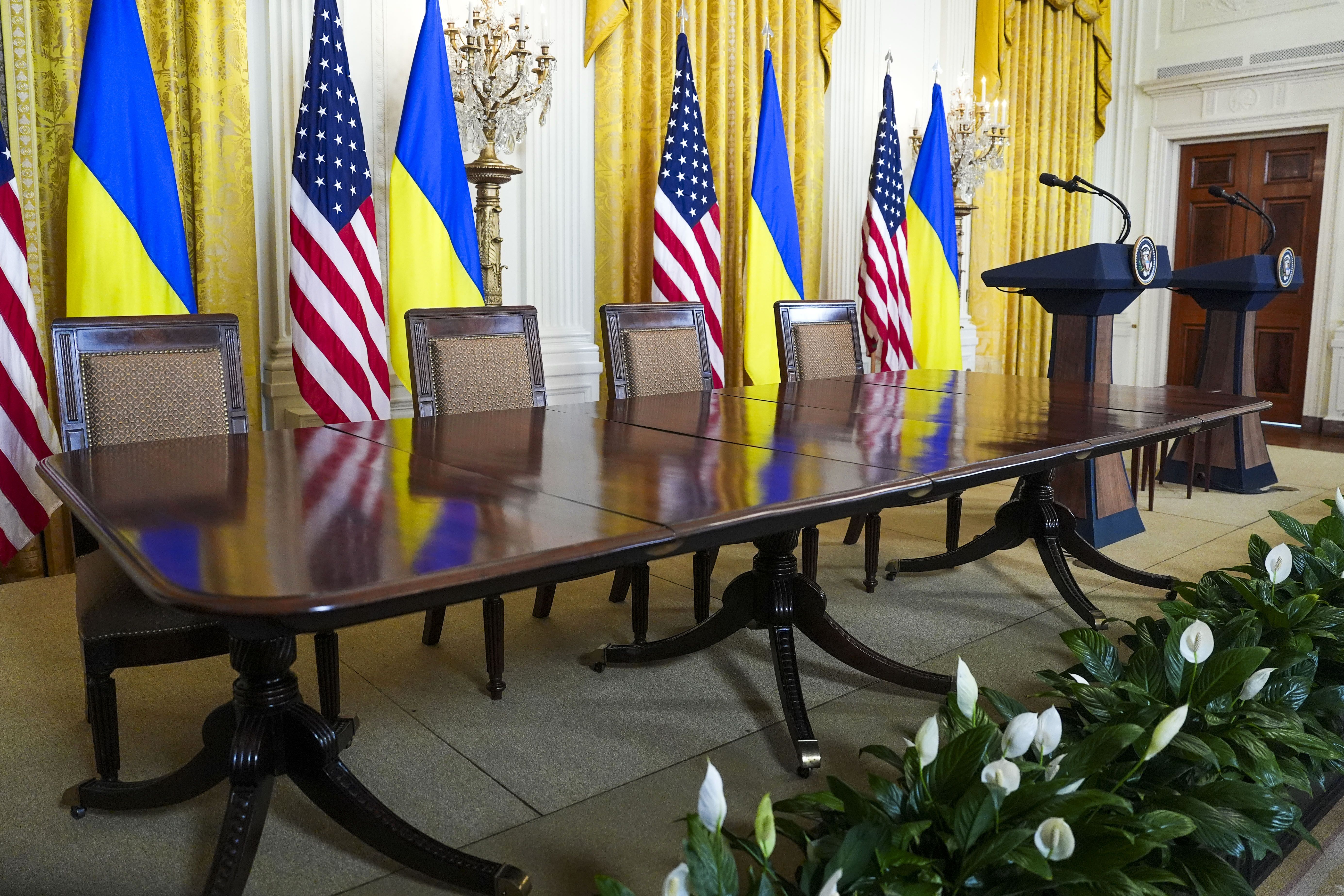 The table and lecterns set up for a planned signing ceremony and joint news conference at the White House are empty following a heated Oval office meeting between President Donald Trump President Volodymyr Zelenskyy of Ukraine in Washington on Friday, Feb. 28, 2025. Trump and Vice President JD Vance