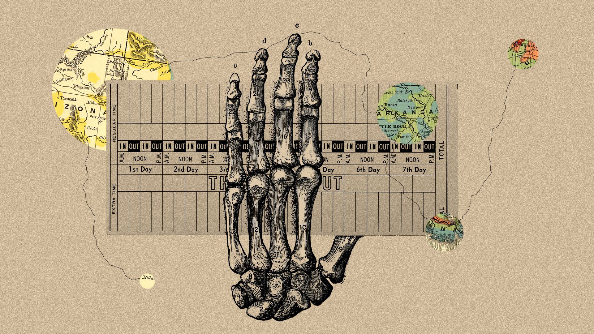 Illustrated collage of a medical drawing of the bones in a hand holding a time card, with interconnected map elements in the background.