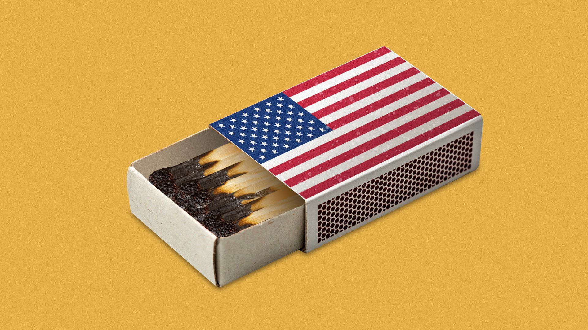 Illustration of a matchbox with an American flag printed on top. The matchbox is partly open and all the matches inside are burnt up. 