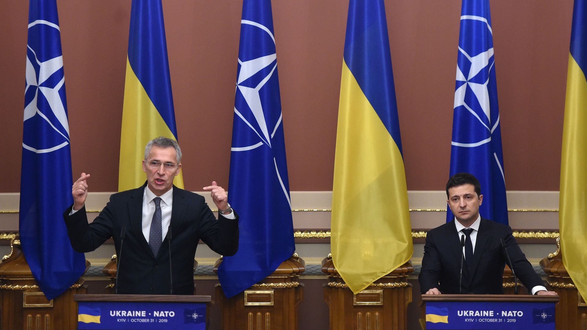 NATO Secretary General Jens Stoltenberg and Ukrainian President Volodymyr Zelensky during a press conference in October 2019.