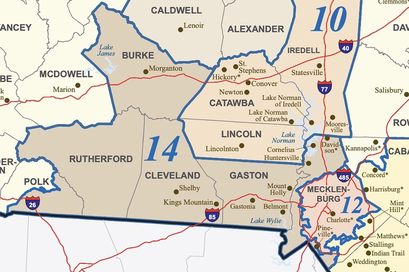 Map showing counties in North Carolina including Burke, Catawba, Lincoln, Gaston, Mecklenburg, and others, marked with cities, lakes like Lake Norman, and major highways I-26, I-40, I-77, I-85, 485.