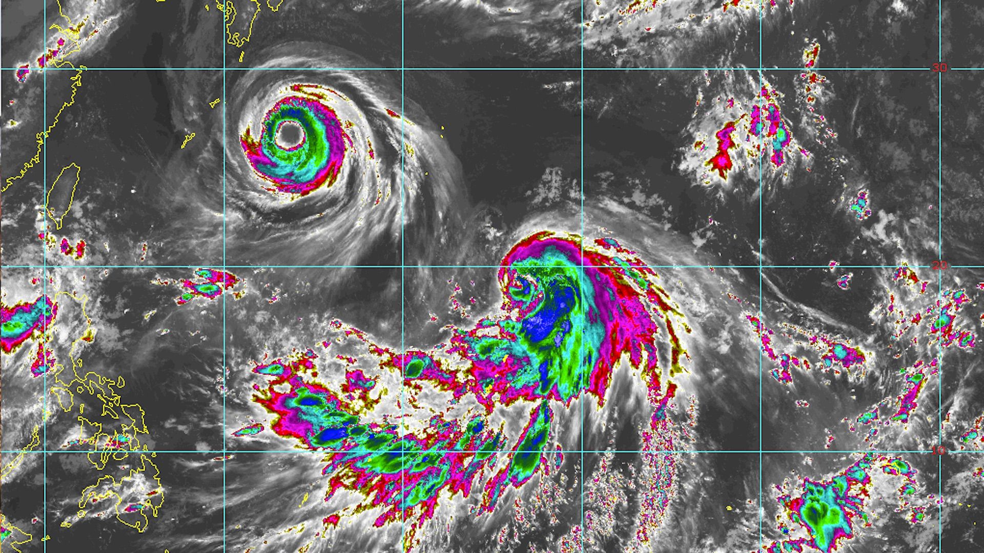 Typhoons Soulik and Cimaron shown in the Northwest Pacific Ocean on Aug. 20, 2018.