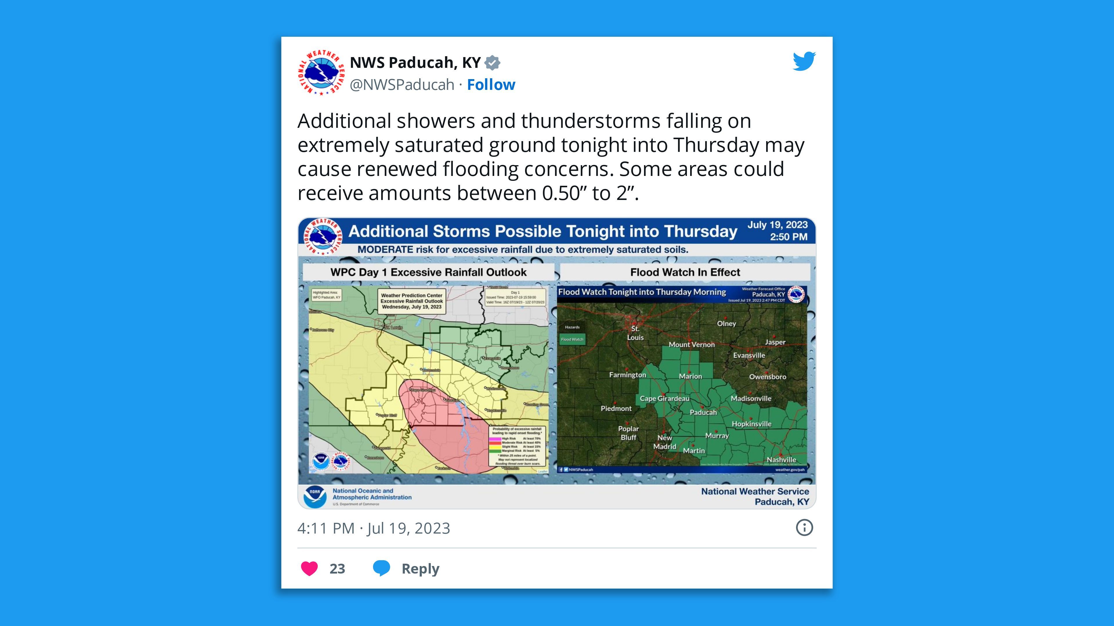A screenshot of an NWS Paducah tweet saying: "Additional showers and thunderstorms falling on extremely saturated ground tonight into Thursday may cause renewed flooding concerns. Some areas could receive amounts between 0.50” to 2”."