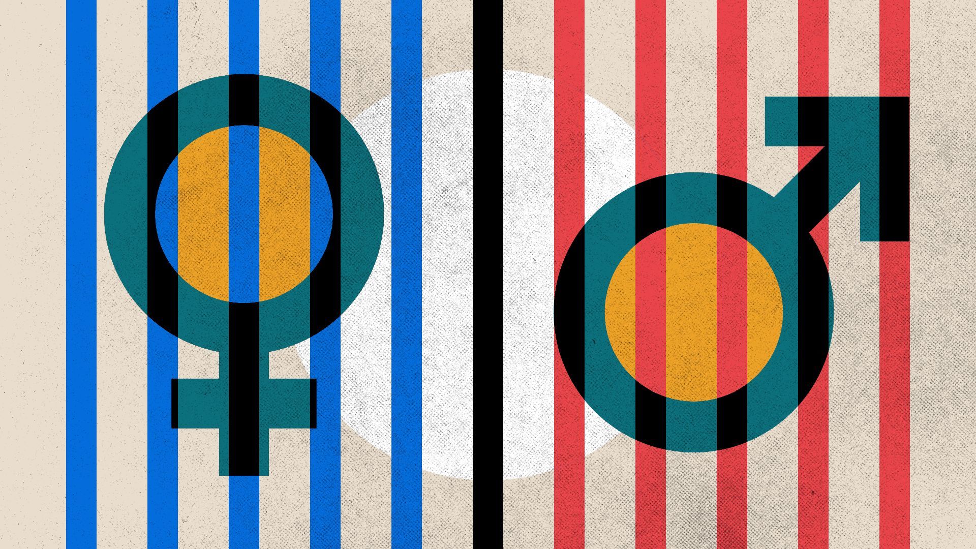 Illustration of a female and male symbol over a grid of blue and red lines