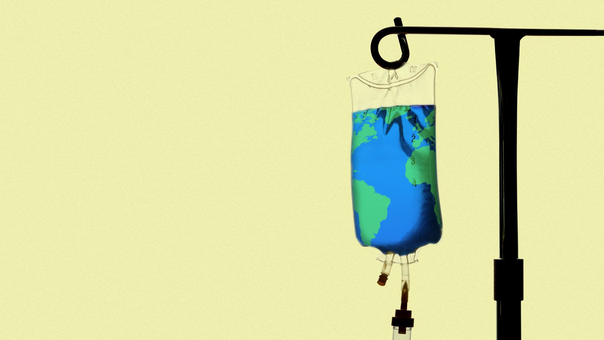 Illustration of IV drip with world map in its bag.