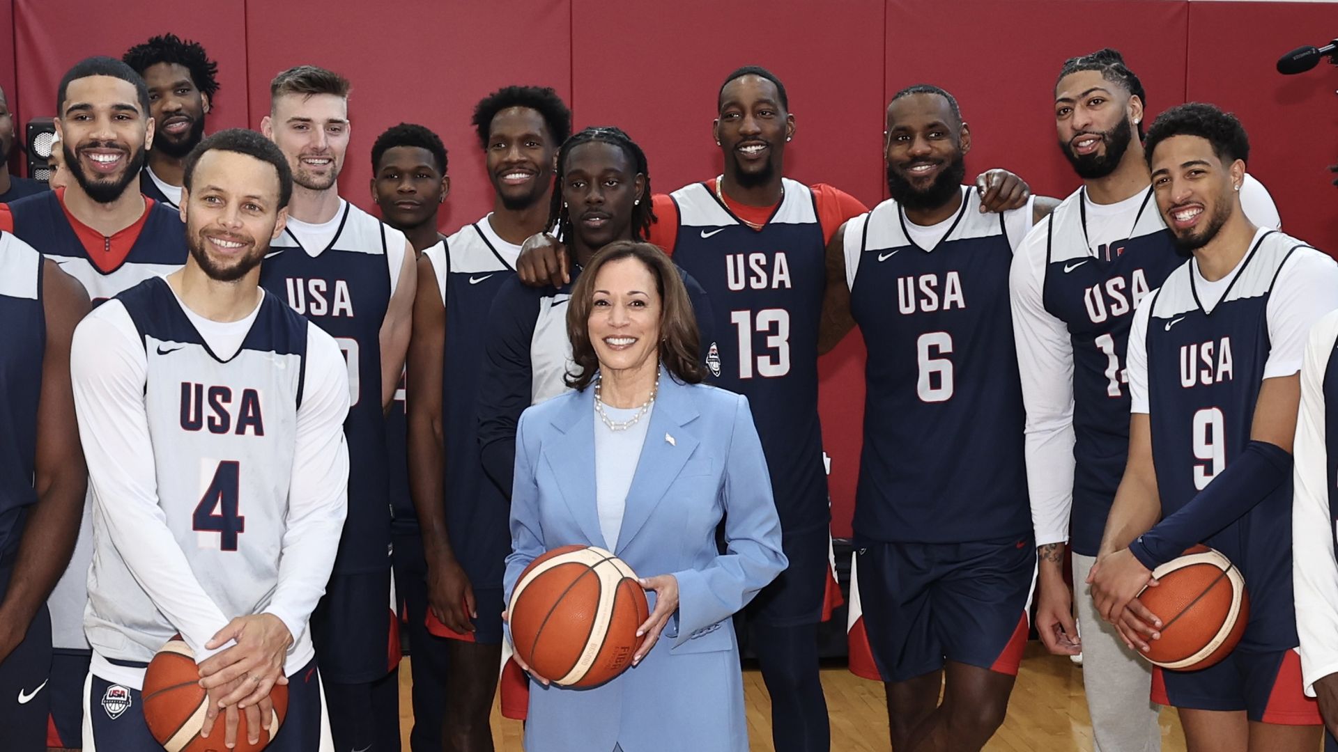Kamala Harris attends practice during the USAB Men's Training Camp on July 9, 2024 at UNLV in Las Vegas, Nevada.