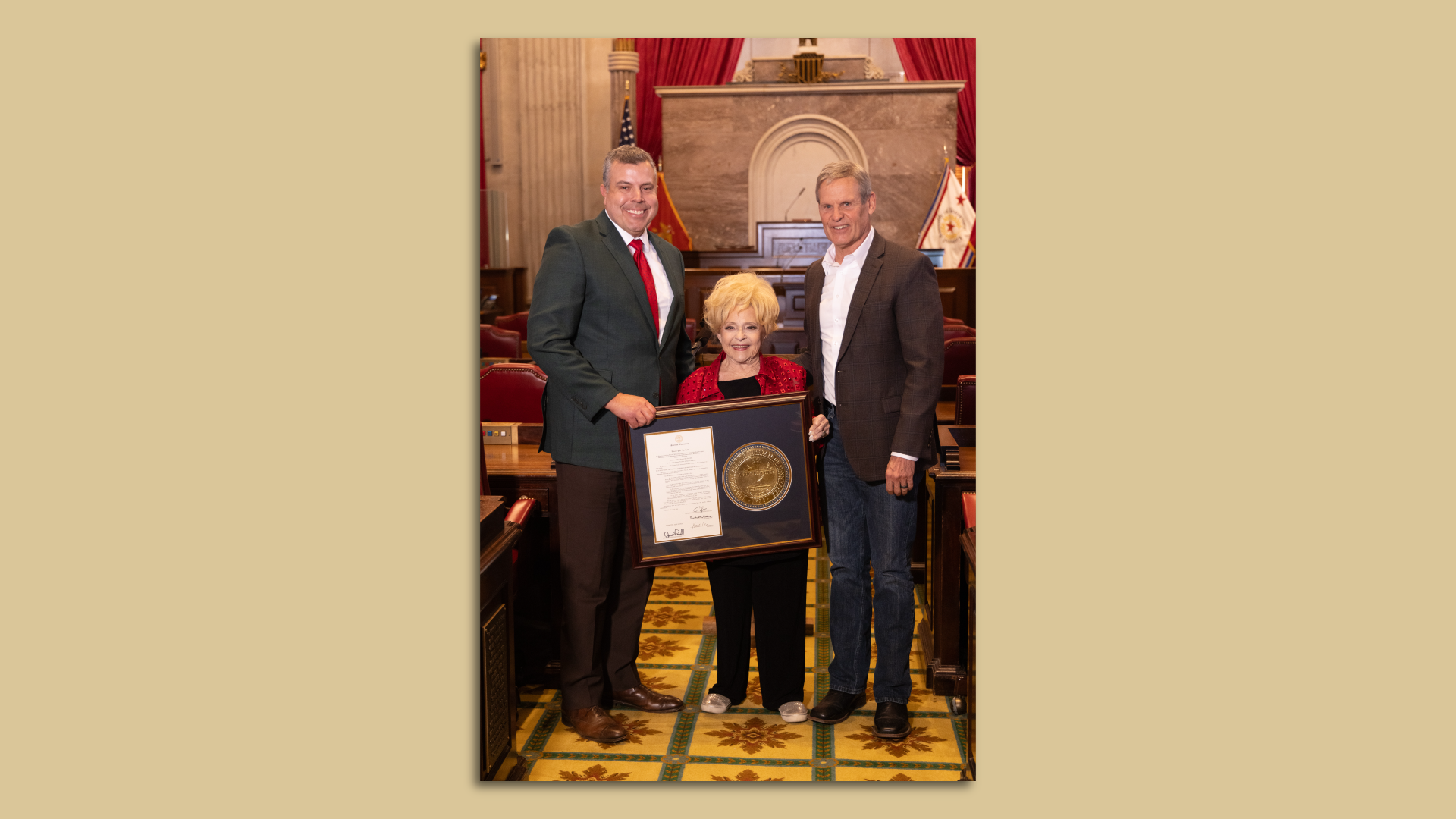 Brenda Lee in the Tennessee Capitol with Gov. Bill Lee and Rep. Jason Powell.