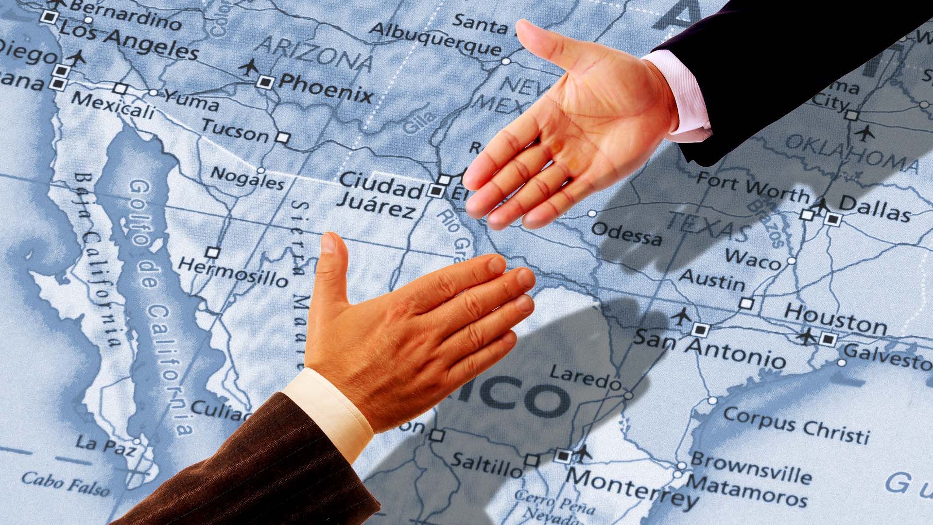 Illustration of hands reaching out but not shaking over a map of the U.S./Mexico border