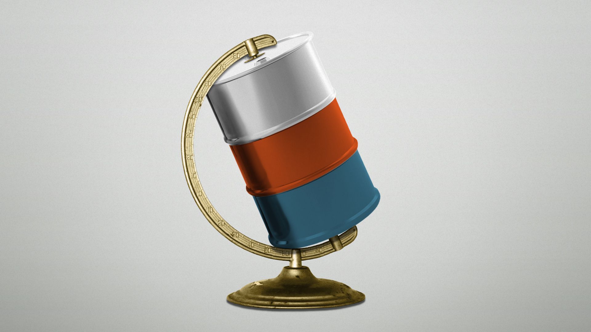 Illustration of an oil drum in Russian flag colors being held by a globe stand.