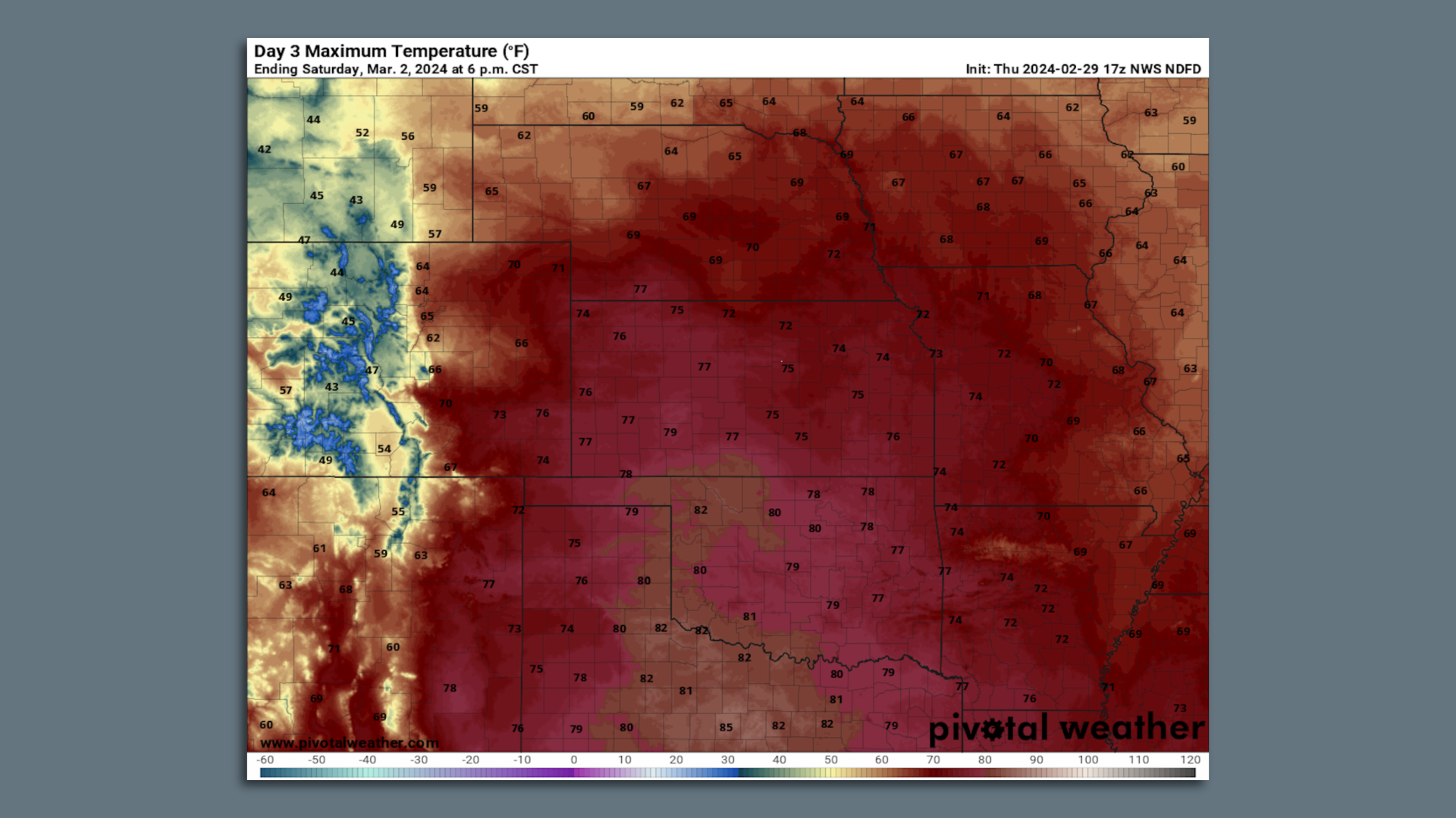 Forecast high temperatures across the Plains, including the Texas Panhandle, on Saturday. 