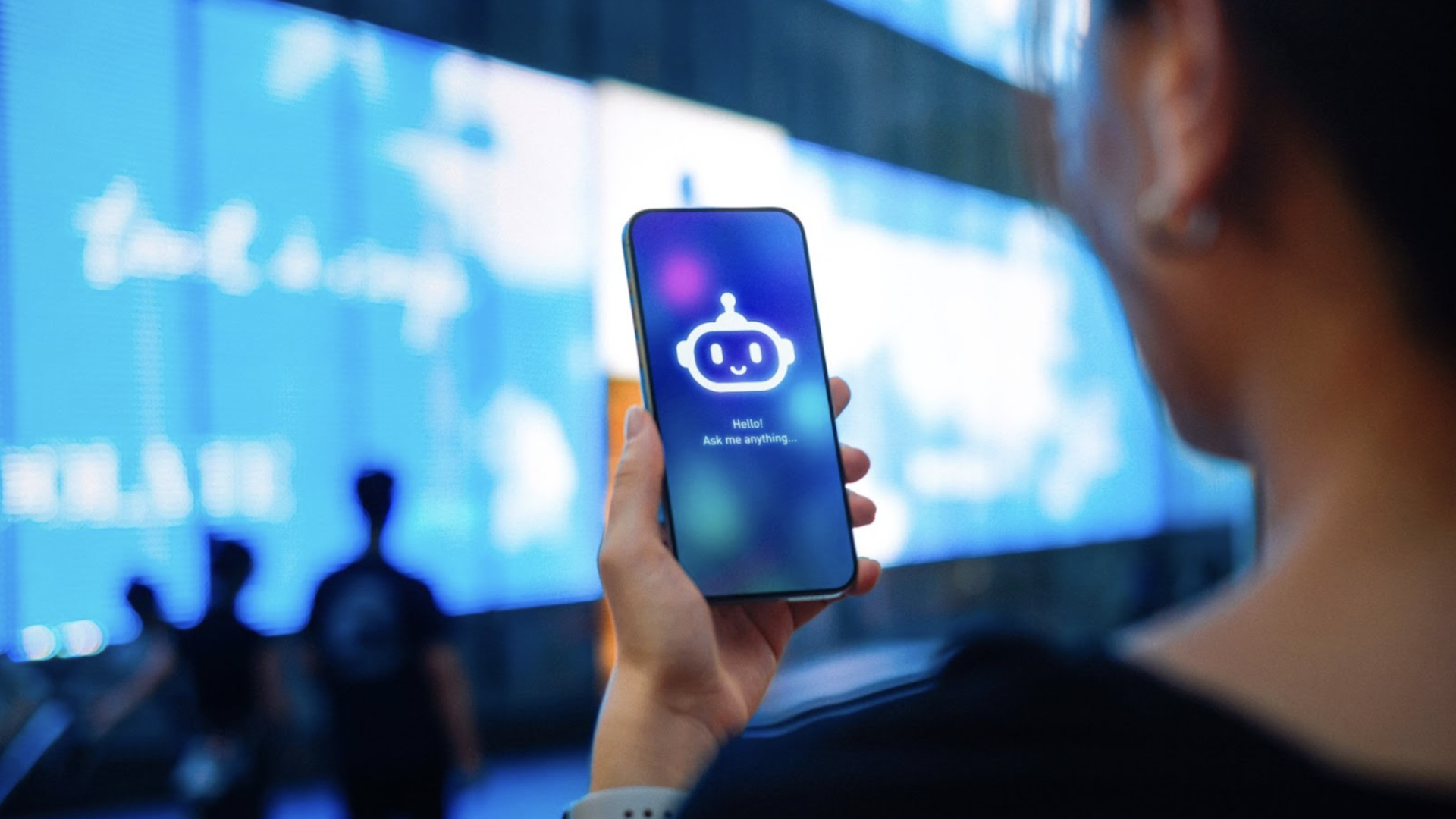 Person holding smartphone displaying a cute robot icon and text "Hello! Ask me anything..." with a bright blue digital billboard and silhouettes of people in the background.