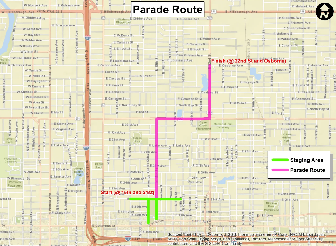 A map of East Tampa showing a parade route highlighted in pink. 
