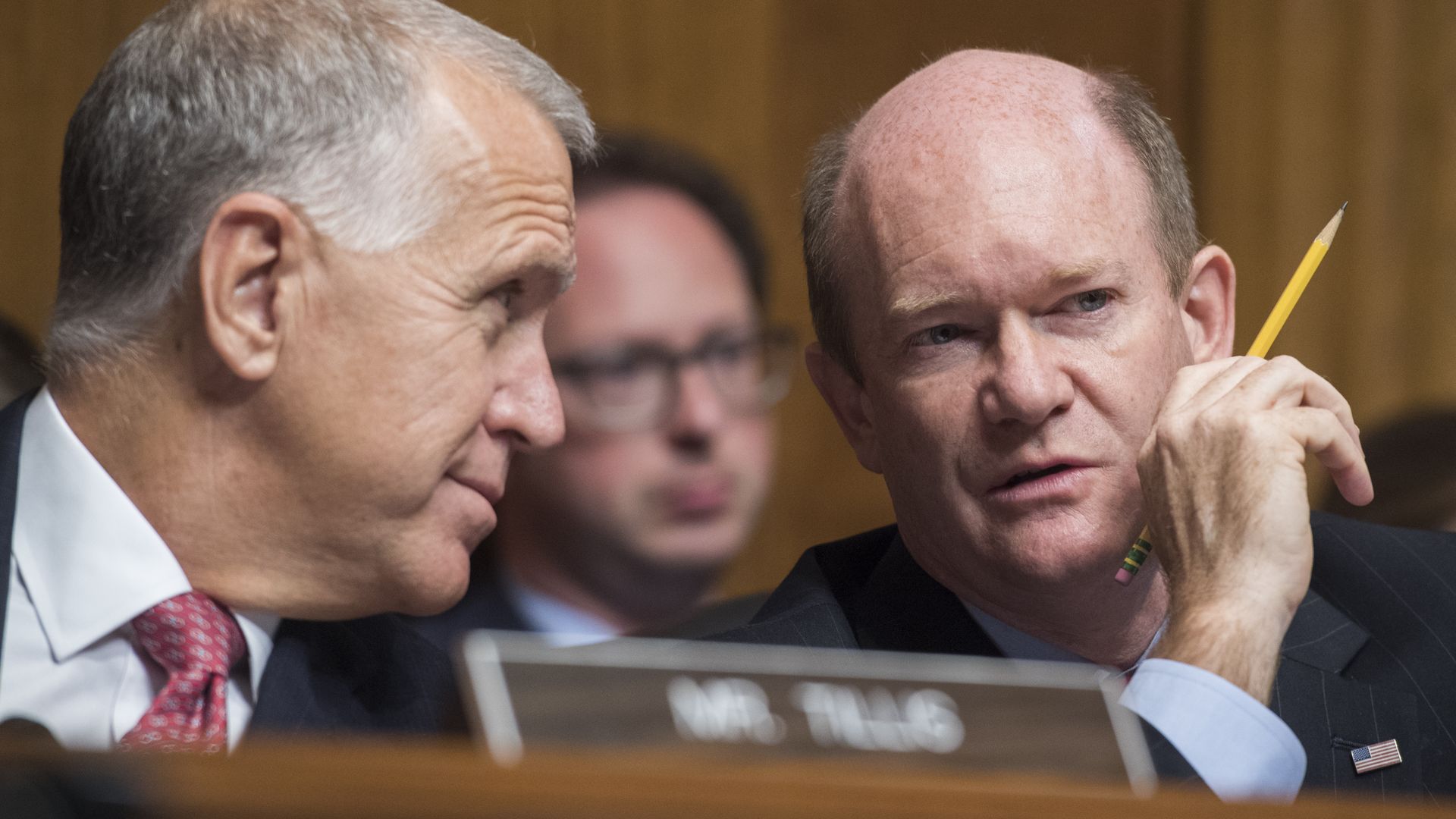 UNITED STATES - SEPTEMBER 26: Sens. Thom Tillis, R-N.C., left, and Chris Coons, D-Del., attend a Senate Judiciary Committee hearing titled "Special Counsels and the Separation of Powers," on September 26, 2017. (Photo By Tom Williams/CQ Roll Call)