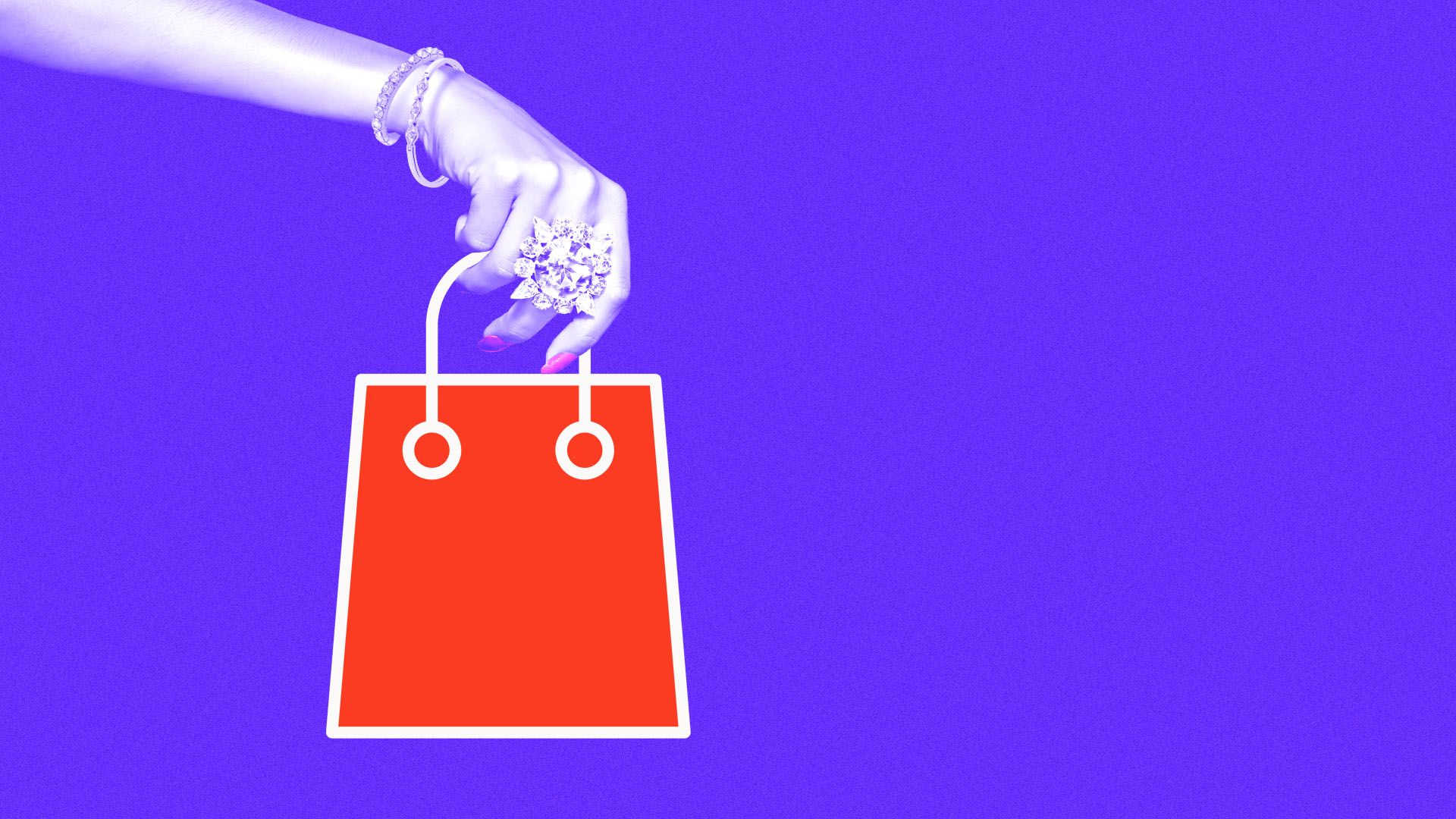 Illustration of a hand covered in jewelry holding a computer icon shopping bag