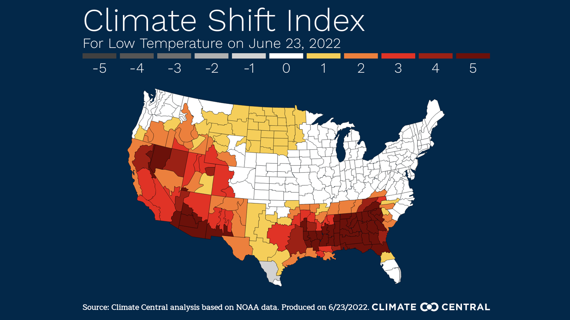 Climate Shift Index showing climate change's influence on a day's temperatures in the U.S.
