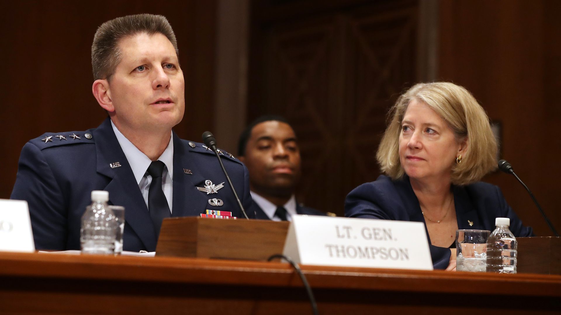 U.S. Air Force Space Command Vice Commander Lt. Gen. David Thompson (L) at a Senate hearing in May on Capitol Hill
