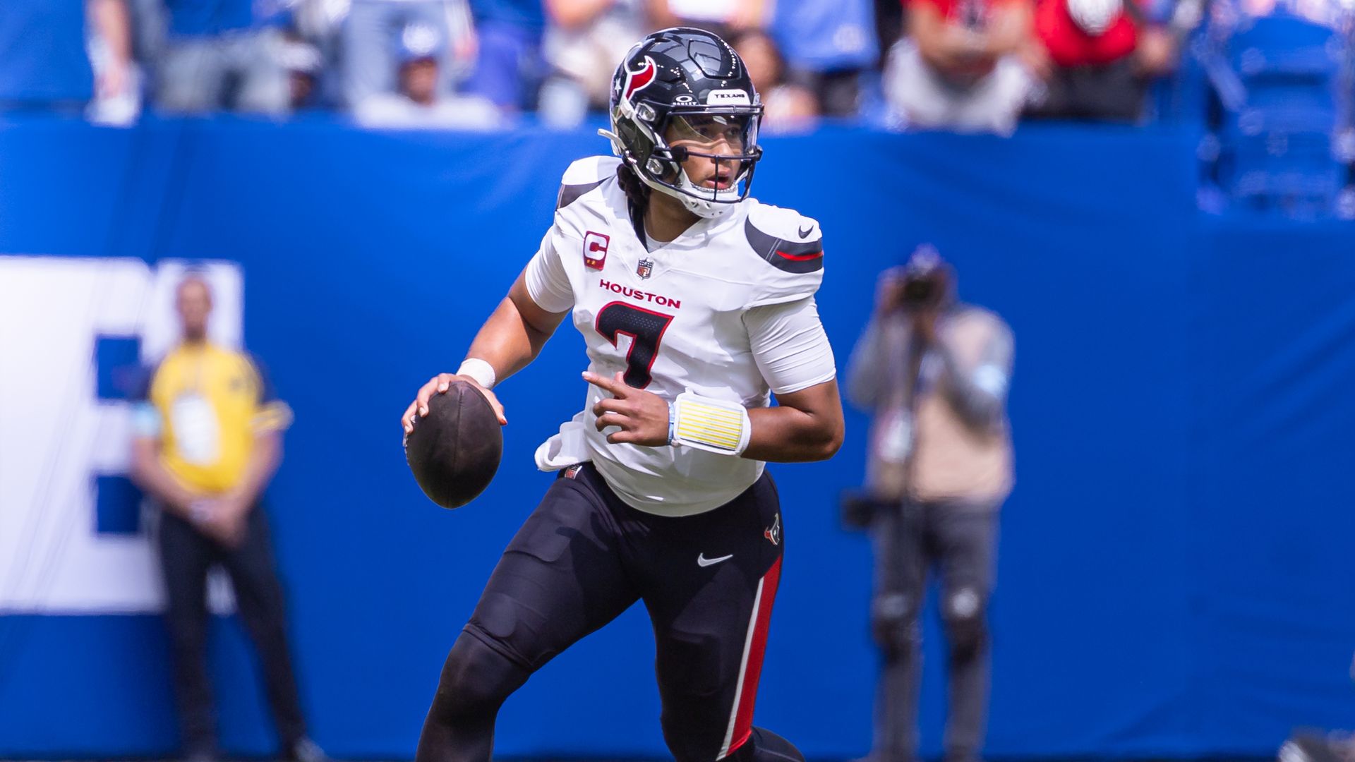 Texans quarterback C.J. Stroud sets up a pass