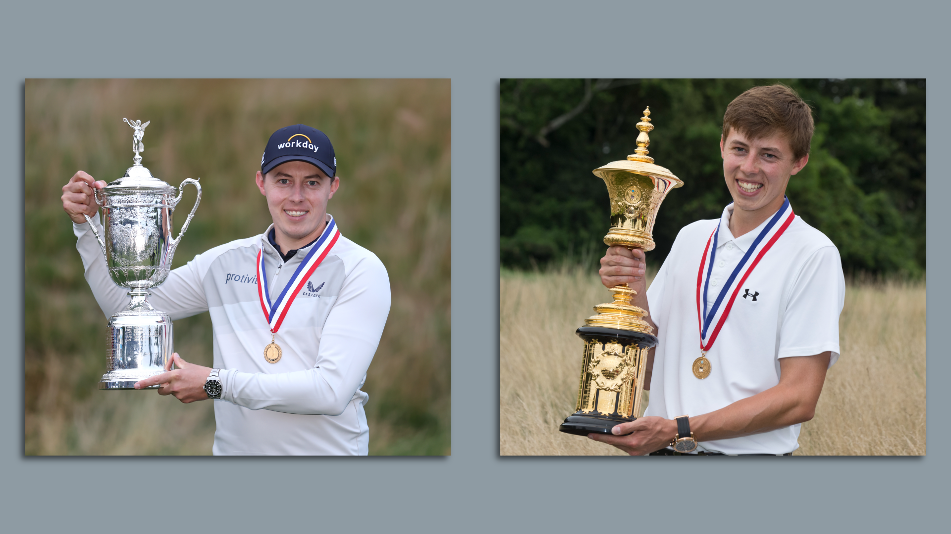 Matt Fitzpatrick winning the U.S. Open (2022) and U.S. Amateur (2013).
